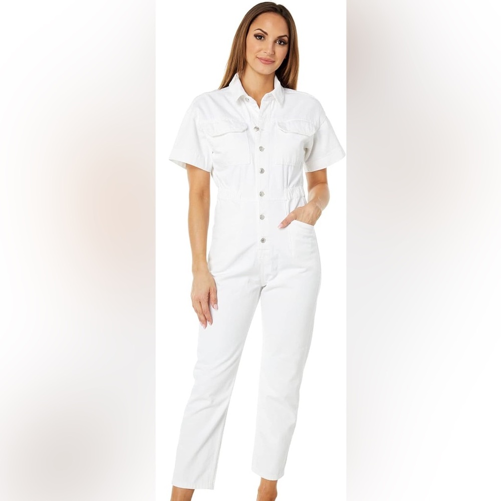 Free People Marci White Denim Cotton Utility Jumpsuit Coveralls XS